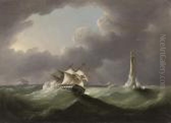 A Merchantman Reefed Down And Running Past The Eddystone Lighthousein A Gale Oil Painting by Thomas Buttersworth