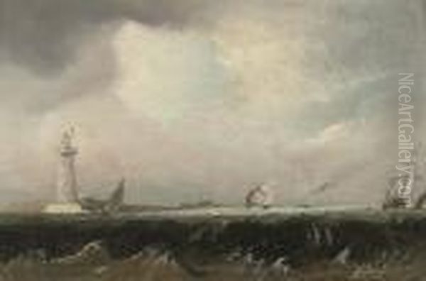 Shipping Off A Lighthouse In A Stiff Breeze Oil Painting by Thomas Buttersworth