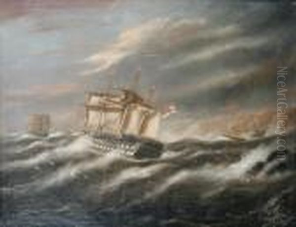 Frigates Off A Coast In Heavy Weather Oil Painting by Thomas Buttersworth