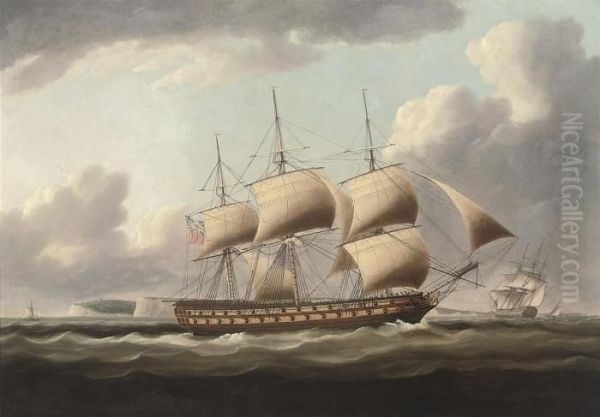 A 64-gun Warship In Two-positions In The Downs, With Walmer Castlein The Distance Oil Painting by Thomas Buttersworth