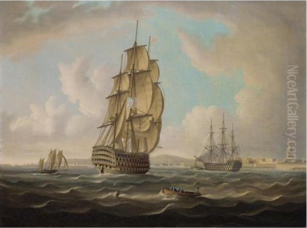 Men-of-war Off Portsmouth Harbour Oil Painting by Thomas Buttersworth