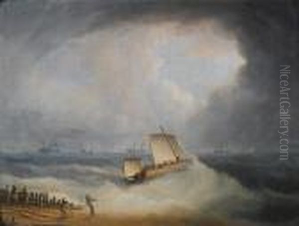 A Deal Lugger Going Off To Storm Bound Ships In The Downs Oil Painting by Thomas Buttersworth