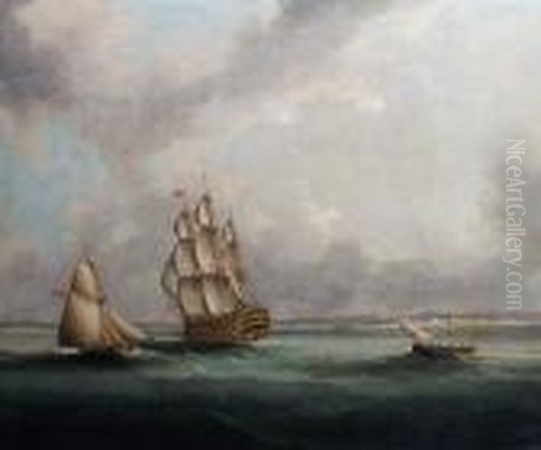 A Ship-of-the-line Off Cadiz, 
Probably The Flagship Of The Blockading Fleet, With An Armed Cutter Off 
Her Port Beam Oil Painting by Thomas Buttersworth