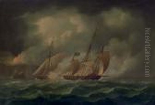 A Revenue Cutter Chasing A Pirate Lugger Oil Painting by Thomas Buttersworth