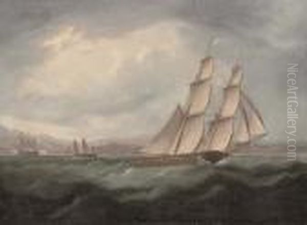 A Brig Running Under Full Sail In Mediterranean Waters Oil Painting by Thomas Buttersworth