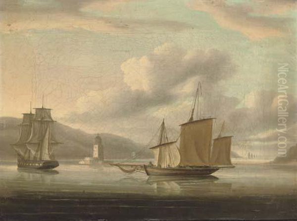 A Royal Naval Frigate Towing A 
Lugger Past The Belem Tower With The Fleet Standing Out To Sea Oil Painting by Thomas Buttersworth