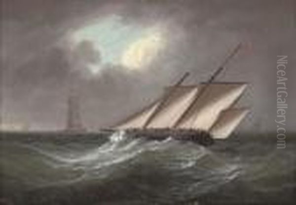 An Armed Lugger Heeling In The Breeze Off The Eddystone Lighthouse Oil Painting by Thomas Buttersworth