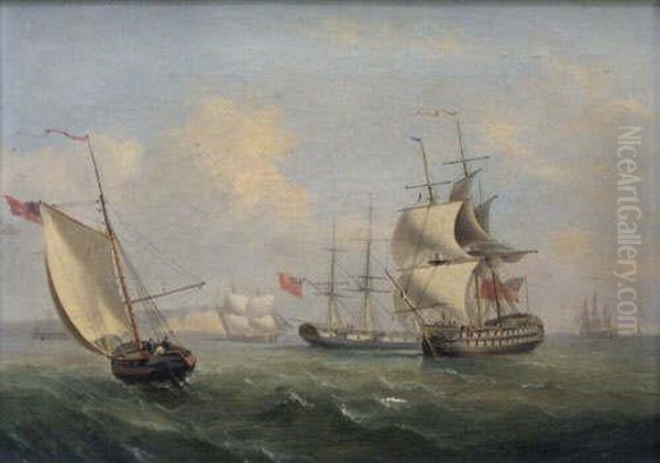 English Man O'war And Other Gunships Assembled In The Channel by Thomas Buttersworth