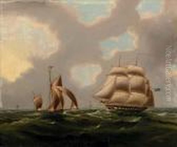 A Naval Frigate And Yawl In The Channel Oil Painting by Thomas Buttersworth