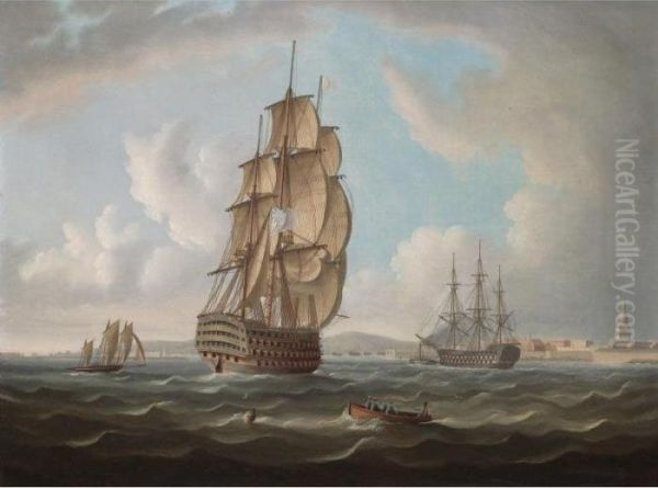 Men-of-war Coming Into Harbour, Possibly At Portsmouth Oil Painting by Thomas Buttersworth