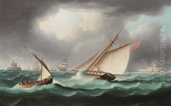 An Armed Cutter Emerging From The Mouth Of The Tagus, Past The Bugio Lighthouse Oil Painting by Thomas Buttersworth