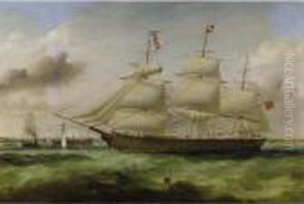 Clipper Ship In A Harbor Oil Painting by Thomas Buttersworth