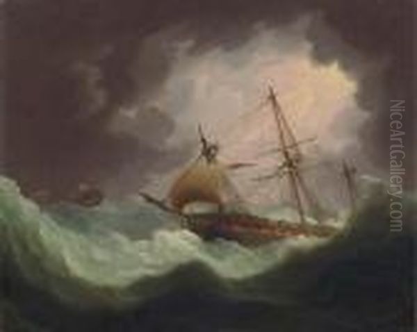 British Men-o'war Running Before
 The Storm, The Dismasted Vessel Inthe Distance Flying An Inverted Red 
Ensign Oil Painting by Thomas Buttersworth