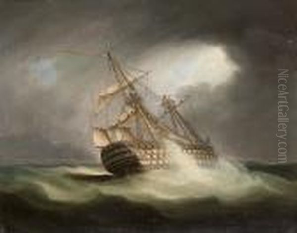 H.m.s. 'victory' In Full Sail And In A Squall Oil Painting by Thomas Buttersworth