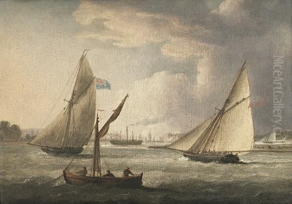 Naval Cutters Off A Harbour; A 
Big Cutter Ahead Of A Frigate Trying To Catch The Breeze Offshore Oil Painting by Thomas Buttersworth