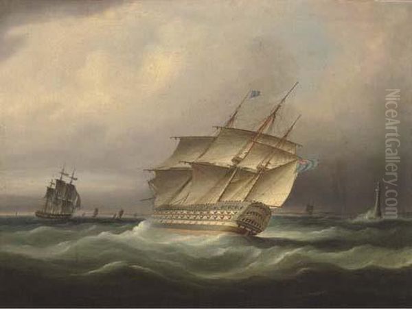 H.m.s. Britannia Bearing Away Down The Channel And Passing Theeddystone Lighthouse Oil Painting by Thomas Buttersworth