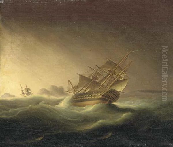 A First Rater In A Gale Oil Painting by Thomas Buttersworth