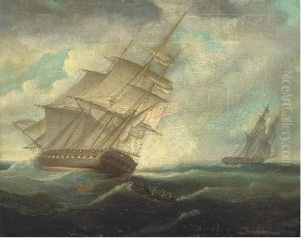 A British Frigate Heeling In The Breeze Oil Painting by Thomas Buttersworth