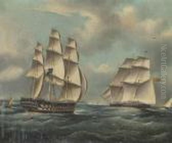 A British Two-decker Amidst Other Shipping In The Channel Oil Painting by Thomas Buttersworth