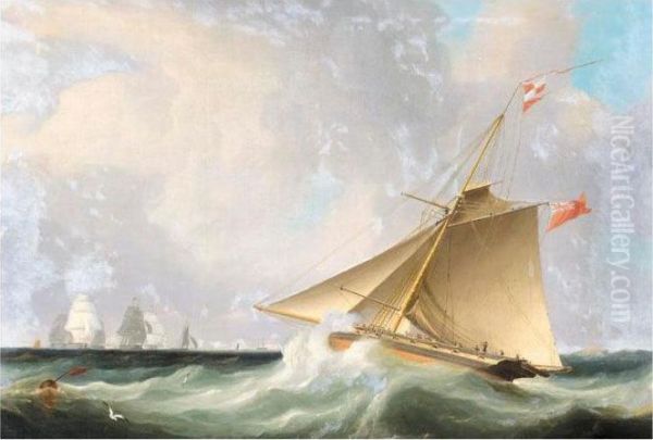 An English Cutter Yacht In A Stiff Breeze Oil Painting by Thomas Buttersworth