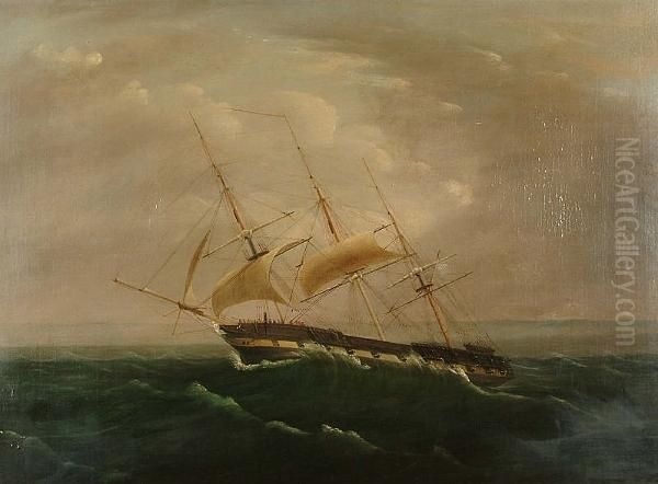 An Armed Merchantman Reefed Down In A Heavy Gale Oil Painting by Thomas Buttersworth