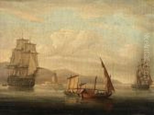 A British Man-o-war, A Frigate 
And Local Craft In A Light Breeze Off A Mediterranean Lighthouse Oil Painting by Thomas Buttersworth