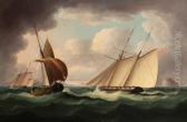 A Two-masted Naval Schooner In 
Pursuit Of An Armed French Lugger Off The Bass Rock, North Berwick Oil Painting by Thomas Buttersworth