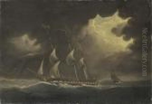 A Frigate In A Gale Oil Painting by Thomas Buttersworth