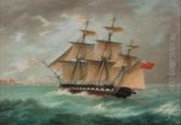 A British Frigate Approaching Port Oil Painting by Thomas Buttersworth