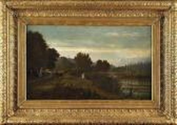 Pecheur Au Bord De La Riviere Oil Painting by Nicolas Louis Cabat