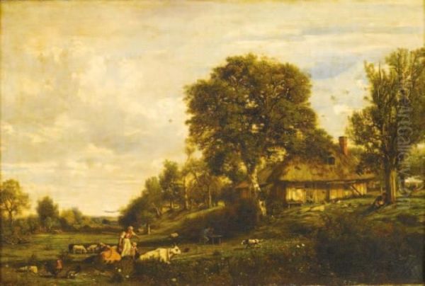 Chaumiere Normande Animee Oil Painting by Nicolas Louis Cabat