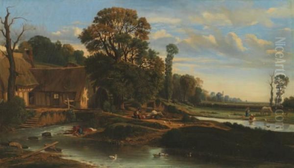 Bucherons Au Bord De La Riviere Oil Painting by Nicolas Louis Cabat