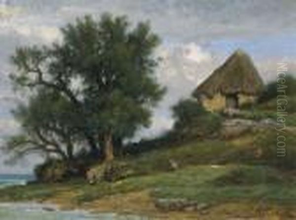 Maison Au Bord De La Mer, Bretagne Oil Painting by Nicolas Louis Cabat