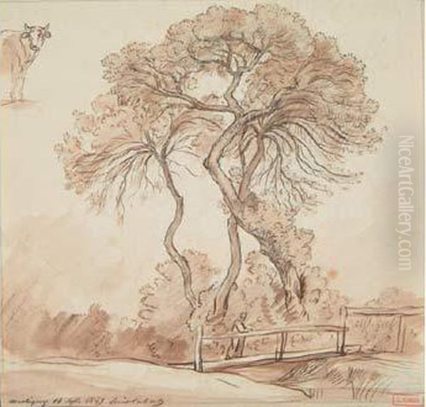 Passerelle Et Arbres Avec Une Etude De Vache, Martigny, 14 Sept 1849 Oil Painting by Nicolas Louis Cabat