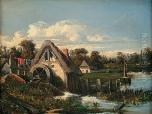 Moulin A Eau Pres D'aumale, Vers 1831 Oil Painting by Nicolas Louis Cabat