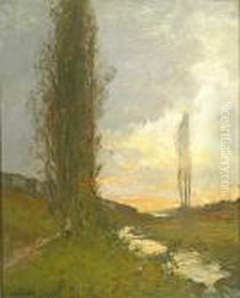 Trees Alongside A Stream At Dusk Oil Painting by Louis Alexandre Cabie