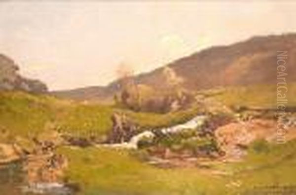 Fast Running Stream In Hilly Landscape Oil Painting by Louis Alexandre Cabie