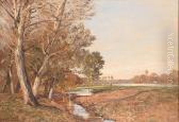 River Landscape, Willows And Poplars With Distant Figures Oil Painting by Louis Alexandre Cabie