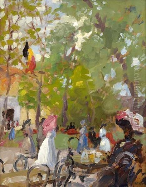 Figures Outside The Belgian Pavillion, Venice Biennale Oil Painting by Francis Campbell Boileau Cadell