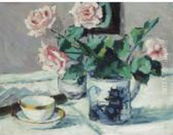 Pink Roses In An Oriental Pot Oil Painting by Francis Campbell Boileau Cadell