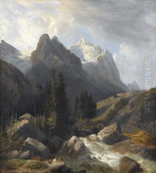 Well- Und Wetterhorn Von Rosenlaui Aus Oil Painting by Alexandre Calame