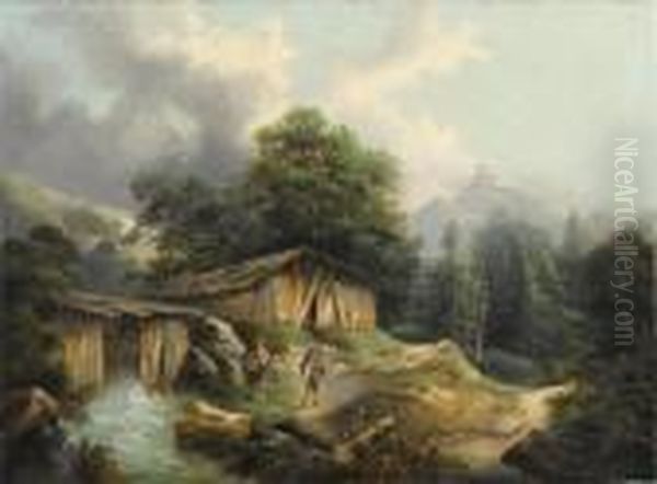 Forest Landscape With Two Figures Near A Mill Oil Painting by Alexandre Calame