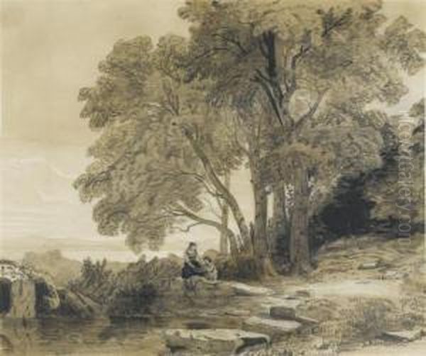 Landscape At Lake Geneva With A Youngwoman And Child Oil Painting by Alexandre Calame