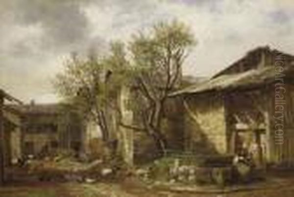 Ferme Avec Paysanne Et Animaux Oil Painting by Alexandre Calame