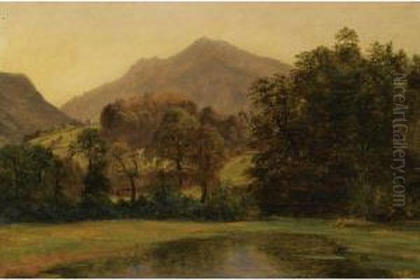 A Pond With A Mountainous Landscape In The Background Oil Painting by Alexandre Calame