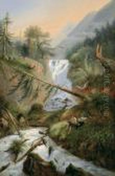 Shepherd Resting By The Waterfall Oil Painting by Alexandre Calame