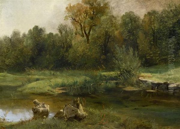 Landscape With A Pond In The Foreground Oil Painting by Alexandre Calame