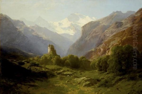 Ruine Unspunnen Vor Dem Blick Auf Eiger, Monch Und Jungfrau Oil Painting by Alexandre Calame