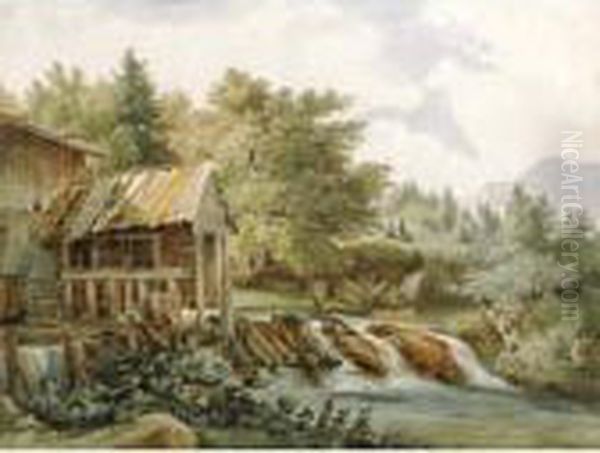 Moulin Sur Un Cours D'eau Oil Painting by Alexandre Calame