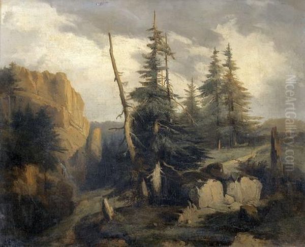 Felsige Gebirgslandschaft Mit Tannen Oil Painting by Alexandre Calame